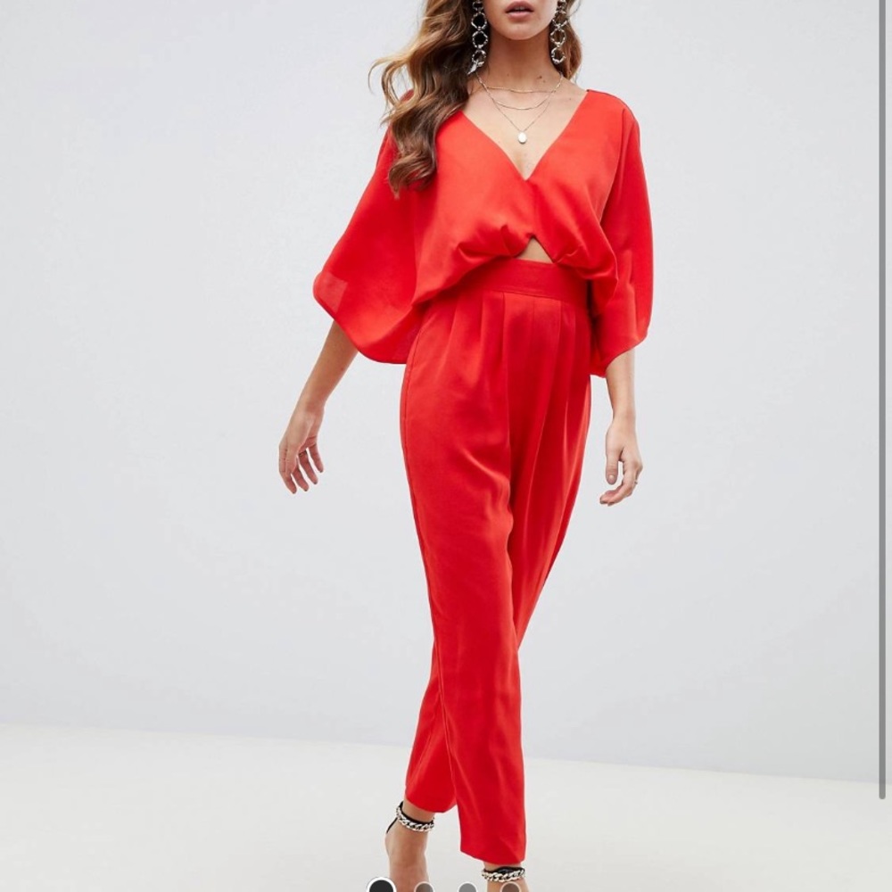 ASOS kimono sleeve jumpsuit with cutout in red